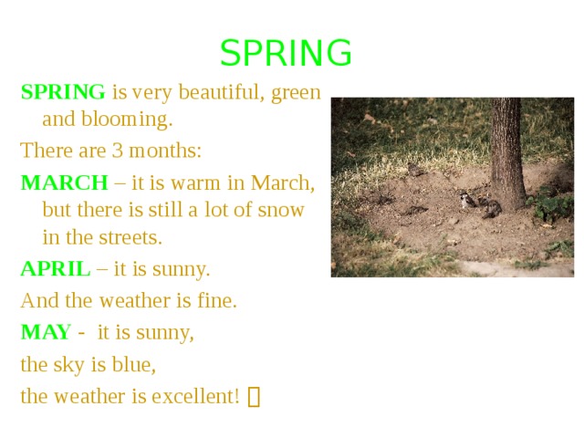 SPRING  SPRING is very beautiful, green and blooming. There are 3 months: MARCH – it is warm in March, but there is still a lot of snow in the streets. APRIL – it is sunny. And the weather is fine. MAY - it is sunny, the sky is blue, the weather is excellent!  