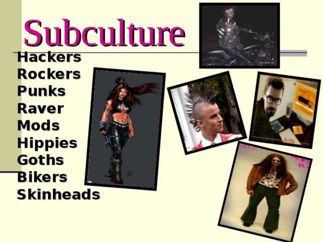 Subculture Hackers  Rockers  Punks  Raver  Mods  Hippies  Goths  Bikers  Skinheads  