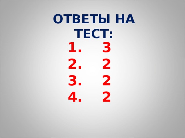 ОТВЕТЫ НА ТЕСТ:  3  2  2  2  3  2  2  2  3  2  2  2 