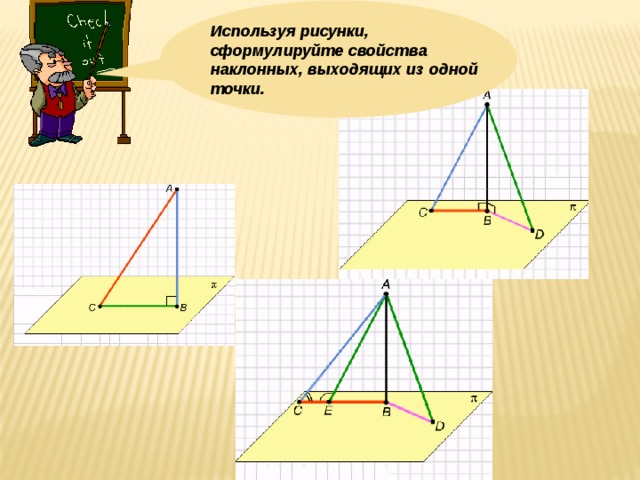 Используя рисунки, сформулируйте свойства наклонных, выходящих из одной точки. 