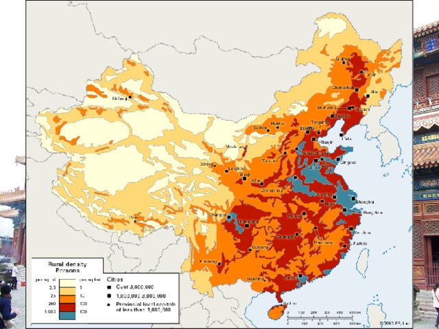 Задание: используя данный фрагмент карты, определите плотность населения в Китае, равномерно ли заселена территория, с чем это связано?  