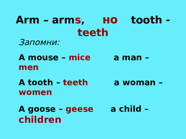 Arm – arm s ,  но   tooth - teeth Запомни: A mouse – mice a man – men A tooth – teeth a woman – women A goose – geese a child –  children  