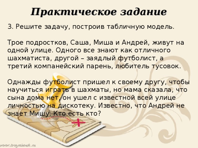 Практическое задание 3. Решите задачу, построив табличную модель. Трое подростков, Саша, Миша и Андрей, живут на одной улице. Одного все знают как отличного шахматиста, другой – заядлый футболист, а третий компанейский парень, любитель тусовок. Однажды футболист пришел к своему другу, чтобы научиться играть в шахматы, но мама сказала, что сына дома нет, он ушел с известной всей улице личностью на дискотеку. Известно, что Андрей не знает Мишу. Кто есть кто? 