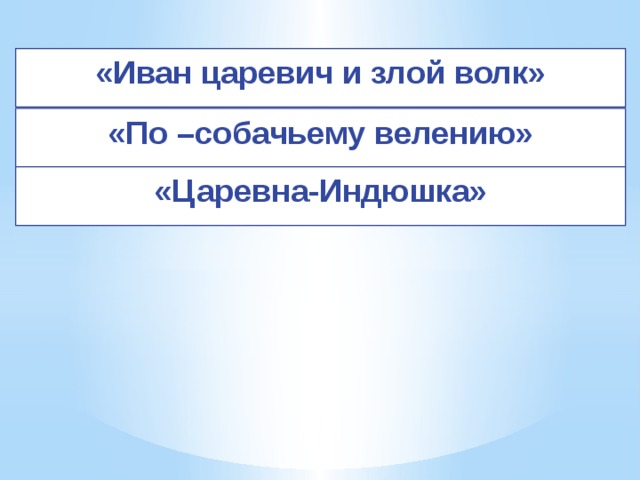 ﻿ «Иван царевич и злой волк» «По –собачьему велению» «Царевна-Индюшка» 