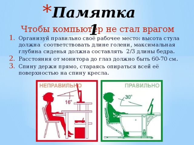Памятка 1 Чтобы компьютер не стал врагом Организуй правильно своё рабочее место: высота стула должна соответствовать длине голени, максимальная глубина сиденья должна составлять 2/3 длины бедра. Расстояния от монитора до глаз должно быть 60-70 см. Спину держи прямо, стараясь опираться всей её поверхностью на спину кресла. 