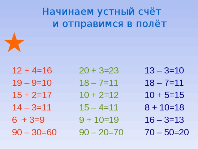 Начинаем устный счёт  и отправимся в полёт 13 – 3=10 20 + 3=23 12 + 4=16 18 – 7=11 18 – 7=11 19 – 9=10 10 + 5=15 10 + 2=12 15 + 2=17 8 + 10=18 15 – 4=11 14 – 3=11 16 – 3=13 6 + 3=9 9 + 10=19 70 – 50=20 90 – 30=60 90 – 20=70