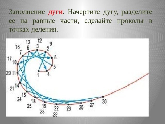 Заполнение дуги . Начертите дугу, разделите ее на равные части, сделайте проколы в точках деления. 