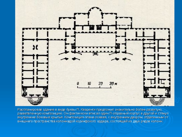  Распланировав здание в виде буквы П, Кваренги предложил значительно более развитую, разветвленную композицию. Он фактически вписал один П-образный корпус в другой и стянул внутренние боковые крылья. Композиция плана осевая, с внутренним двором, отделенным от внешнего пространства колоннадой коринфского ордера, состоящей из двух рядов колонн. 