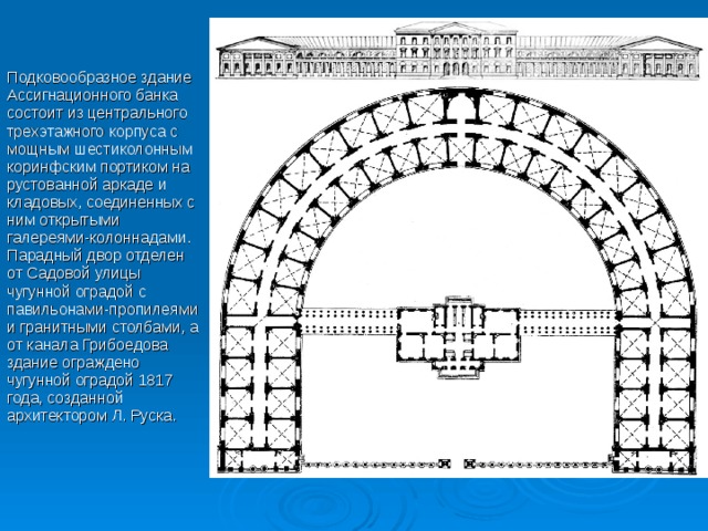 Подковообразное здание Ассигнационного банка состоит из центрального трехэтажного корпуса с мощным шестиколонным коринфским портиком на рустованной аркаде и кладовых, соединенных с ним открытыми галереями-колоннадами. Парадный двор отделен от Садовой улицы чугунной оградой с павильонами-пропилеями и гранитными столбами, а от канала Грибоедова здание ограждено чугунной оградой 1817 года, созданной архитектором Л. Руска. 
