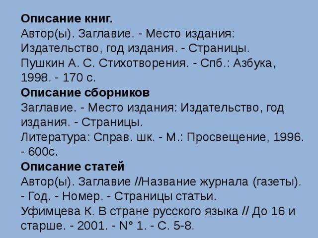 Описание книг.  Автор(ы). Заглавие. - Место издания: Издательство, год издания. - Страницы.  Пушкин А. С. Стихотворения. - Спб.: Азбука, 1998. - 170 с.  Описание сборников  Заглавие. - Место издания: Издательство, год издания. - Страницы.  Литература: Справ. шк. - М.: Просвещение, 1996. - 600с.  Описание статей  Автор(ы). Заглавие //Название журнала (газеты). - Год. - Номер. - Страницы статьи.  Уфимцева К. В стране русского языка // До 16 и старше. - 2001. - N° 1. - С. 5-8. 