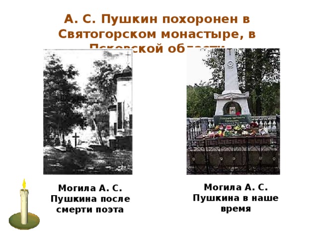А. С. Пушкин похоронен в Святогорском монастыре, в Псковской области Могила А. С. Пушкина в наше время  Могила А. С. Пушкина после смерти поэта 