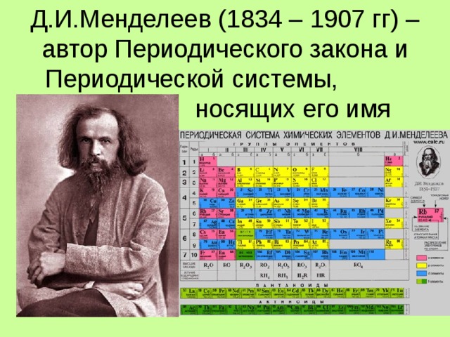 Д.И.Менделеев (1834 – 1907 гг) – автор Периодического закона и Периодической системы,     носящих его имя 