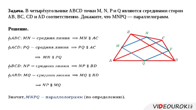 Задача. В четырёхугольнике ABCD точки M, N, P и Q являются серединами сторон AB, BC, CD и AD соответственно. Докажите, что MNPQ — параллелограмм. Решение.         :     :             :   :    