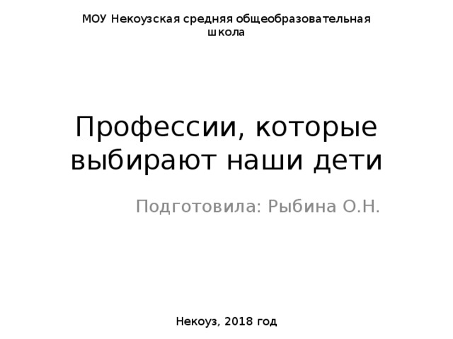 МОУ Некоузская средняя общеобразовательная школа Профессии, которые выбирают наши дети Подготовила: Рыбина О.Н. Некоуз, 2018 год 