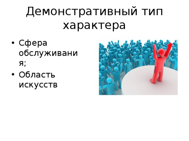 Демонстративный тип характера Сфера обслуживания; Область искусств 