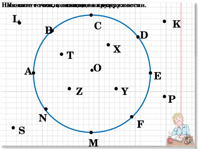 Назовите точки, лежащие на круге: Назовите точки, лежащие на окружности. Назовите точки, не лежащие на окружности. L K С В D X T О А E Y Z P N F S M 2 