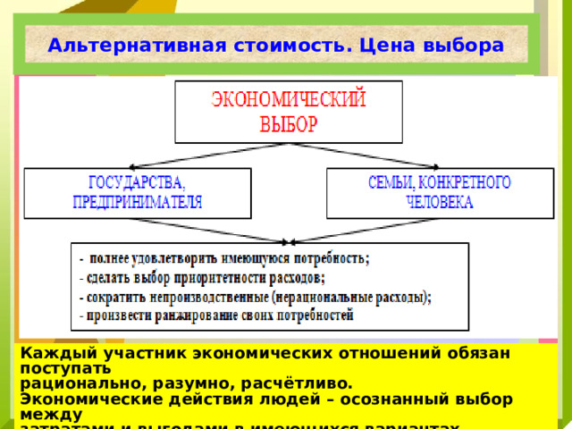 Альтернативная стоимость. Цена выбора Каждый участник экономических отношений обязан поступать рационально, разумно, расчётливо. Экономические действия людей – осознанный выбор между затратами и выгодами в имеющихся вариантах решения. 