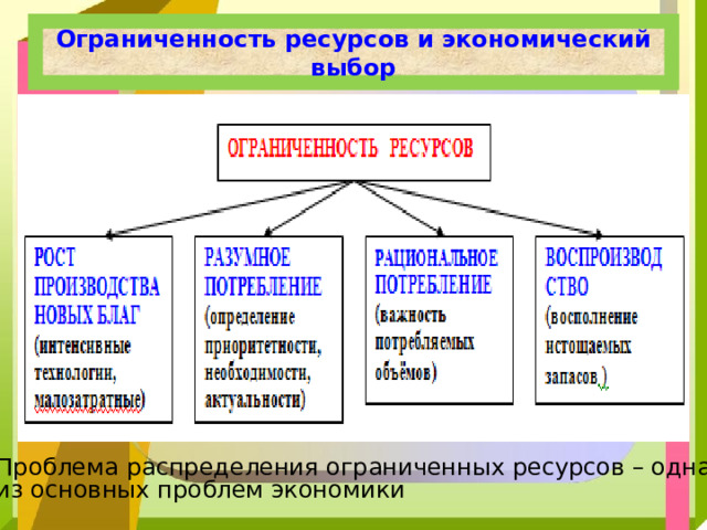 Ограниченность ресурсов и экономический выбор Проблема распределения ограниченных ресурсов – одна из основных проблем экономики 