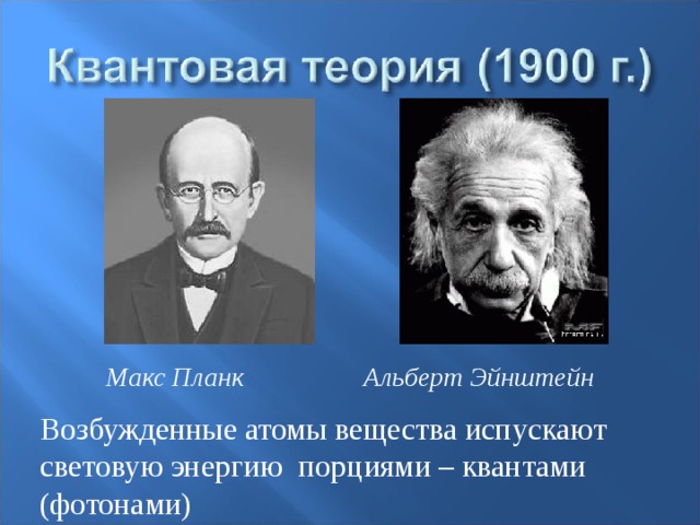  Макс Планк   Альберт Эйнштейн Возбужденные атомы вещества испускают световую энергию порциями – квантами (фотонами) 