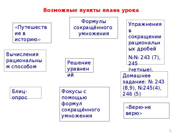 Возможные пункты плана урока Формулы сокращённого умножения Упражнения в сокращении рациональных дробей №№ 243 (7), 245 (четные), 246 (1,3) «Путешествие в историю» Вычисления рациональным способом Решение уравнений Домашнее задание: № 243 (8,9), №245(4), 246 (5) Фокусы с помощью формул сокращённого умножения Блиц-опрос «Верю-не верю»