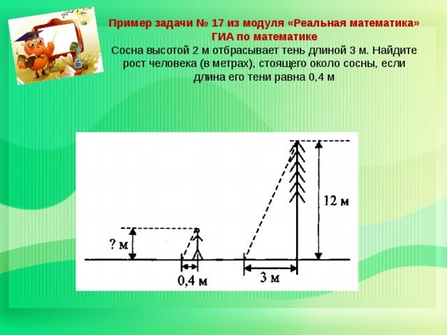 Пример задачи № 17 из модуля «Реальная математика» ГИА по математике  Сосна высотой 2 м отбрасывает тень длиной 3 м. Найдите рост человека (в метрах), стоящего около сосны, если длина его тени равна 0,4 м 