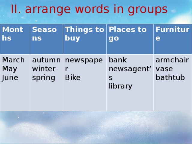 II. arrange words in groups Months Seasons March Things to buy autumn May Places to go winter newspaper June spring Furniture  Bike bank  newsagent’s armchair library vase bathtub