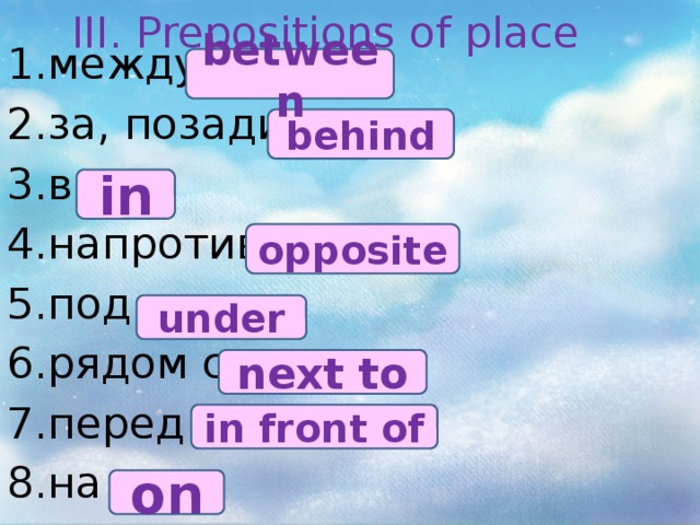 III. Prepositions of place между за, позади в напротив под рядом с перед на between behind in opposite under next to in front of on