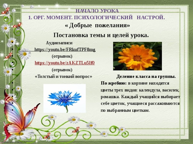 Начало урока  1. Орг. момент. Психологический настрой .   « Добрые пожелания» Постановка темы и целей урока.  Аудиозаписи https://youtu.be/FRkufTPF8mg    (отрывок)   https://youtu.be/zAKZTLu5If0   (отрывок)    «Толстый и тонкий вопрос» Деление класса на группы.  По жребию: в корзине находятся  цветы трех видов: календула, василек,  ромашка. Каждый учащийся выбирает  себе цветок, учащиеся рассаживаются  по выбранным цветкам.