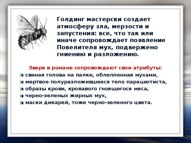 Голдинг мастерски создает атмосферу зла, мерзости и запустения: все, что так или иначе сопровождает появление Повелителя мух, подвержено гниению и разложению.  Зверя в романе сопровождают свои атрибуты: