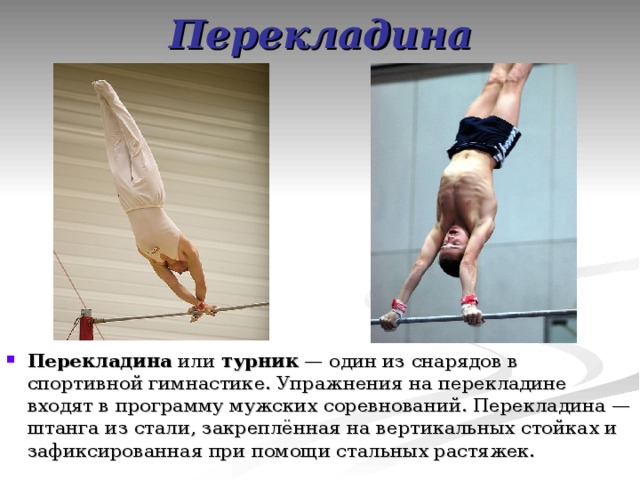 Перекладина Перекладина или турник  — один из снарядов в спортивной гимнастике. Упражнения на перекладине входят в программу мужских соревнований. Перекладина — штанга из стали, закреплённая на вертикальных стойках и зафиксированная при помощи стальных растяжек. 