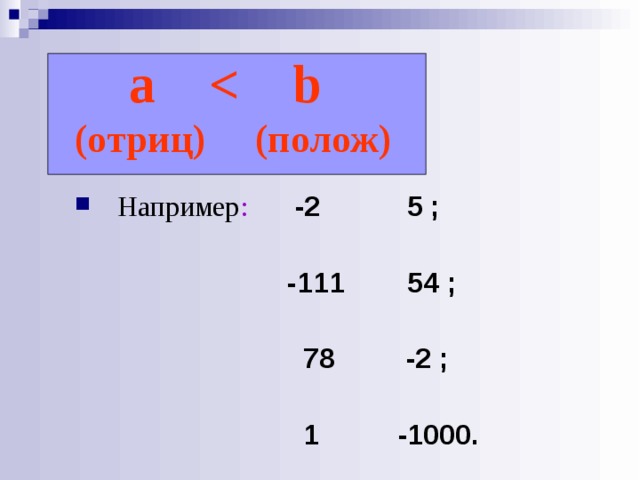 a   (отриц) (полож)  Например :  -2 5 ;   -111 54 ;   78 -2 ;   1 -1000.