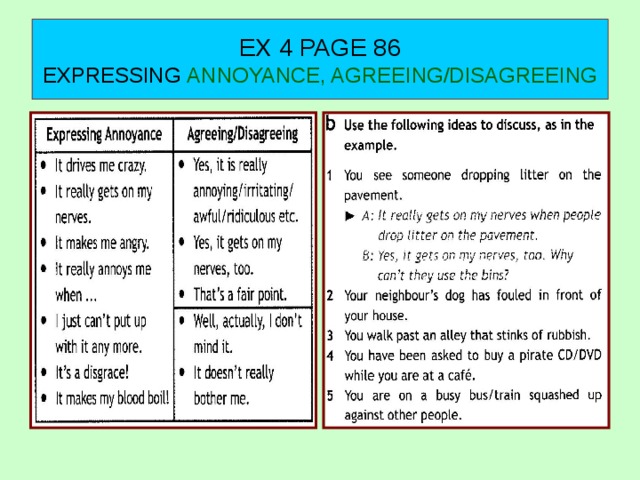 EX 4 PAGE 86  EXPRESSING ANNOYANCE, AGREEING/DISAGREEING