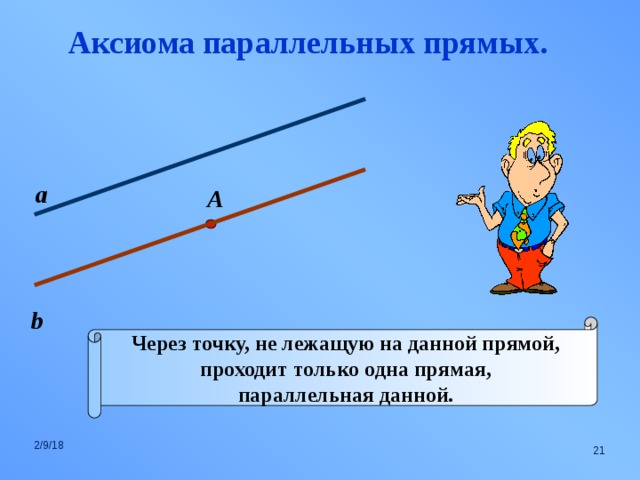 Аксиома параллельных прямых. а А b Через точку, не лежащую на данной прямой, проходит только одна прямая, параллельная данной. 2/9/18  