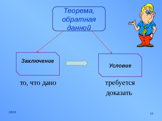 Теорема, обратная данной  то, что дано требуется  доказать Заключение  Условие 2/9/18     