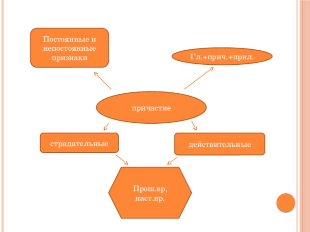 Постоянные и непостоянные признаки Гл.+прич.+прил. причастие страдательные действительные Прош.вр, наст.вр. 