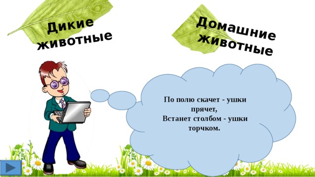 Дикие животные Домашние животные  По полю скачет - ушки прячет,   Встанет столбом - ушки торчком.    