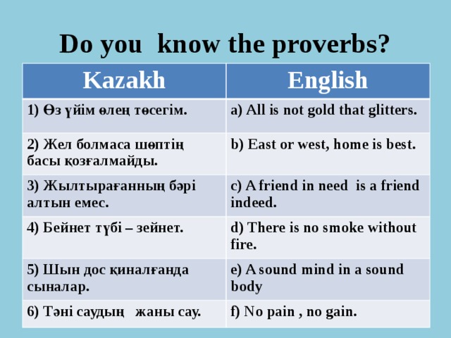 Do you know the proverbs? Kazakh English 1) Өз үйім өлең төсегім. a) All is not gold that glitters. 2) Жел болмаса шөптің басы қозғалмайды. b) East or west, home is best. 3) Жылтырағанның бәрі алтын емес. c) A friend in need is a friend indeed. 4) Бейнет түбі – зейнет. d) There is no smoke without fire. 5) Шын дос қиналғанда сыналар. e) A sound mind in a sound body 6) Тәні саудың жаны сау. f) No pain , no gain. 