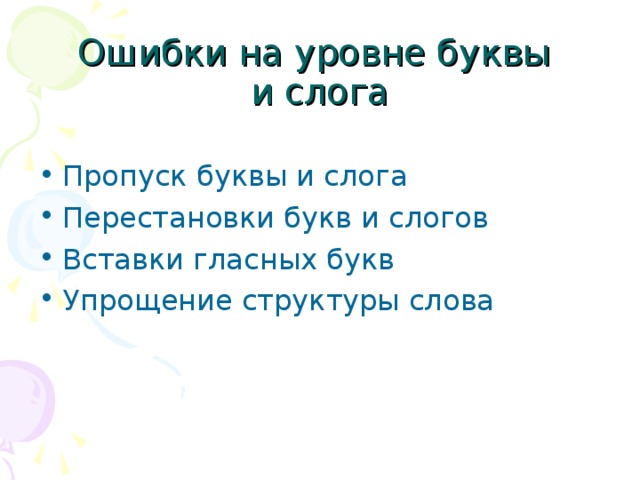 Ошибки на уровне буквы и слога Пропуск буквы и слога Перестановки букв и слогов Вставки гласных букв Упрощение структуры слова