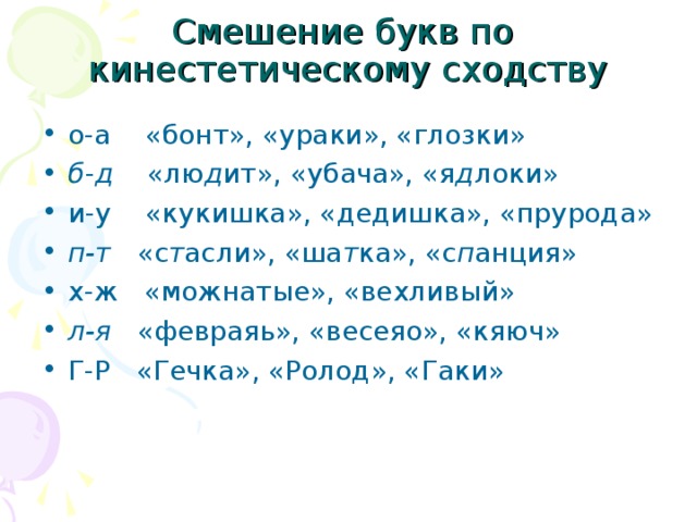 Смешение букв по  кинестетическому сходству о-а «бонт», «ураки», «глозки» б - д «лю д ит», «убача», «я д локи» и-у «кукишка», «дедишка», «прурода» п-т «с т асли», «ша т ка», «с п анция» х-ж «можнатые», «вехливый» л-я «февраяь», «весеяо», «кяюч» Г-Р «Гечка», «Ролод», «Гаки»   