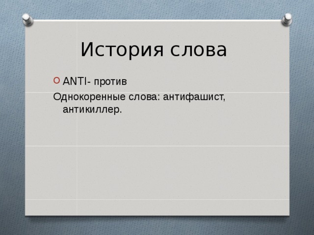 История слова ANTI - против Однокоренные слова: антифашист, антикиллер. 