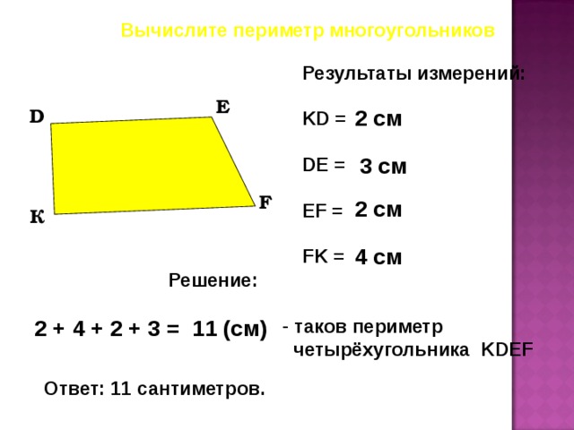Вычислите периметр многоугольников Результаты измерений:  KD =  DE =  EF =  FK = E 2 см D 3 см F 2 см К 4 см Решение: 2 + 4 + 2 + 3 = 11 (см)  таков периметр  четырёхугольника KDEF Ответ: 11 сантиметров. 