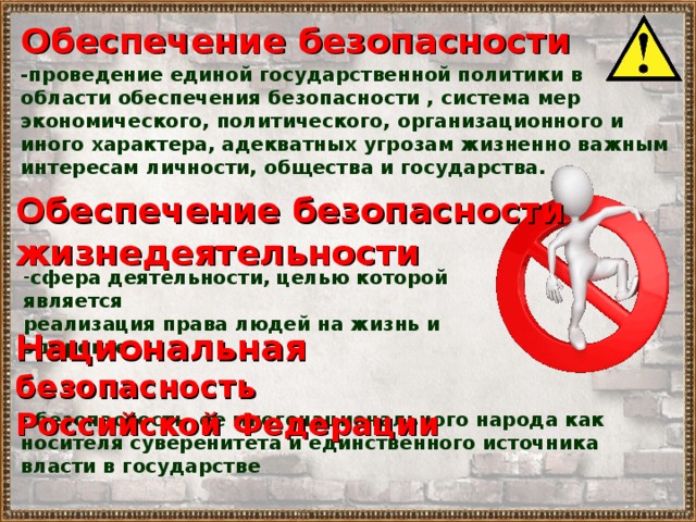 Обеспечение безопасности -проведение единой государственной политики в области обеспечения безопасности , система мер экономического, политического, организационного и иного характера, адекватных угрозам жизненно важным интересам личности, общества и государства. Обеспечение безопасности жизнедеятельности сфера деятельности, целью которой является реализация права людей на жизнь и здоровье Национальная безопасность Российской Федерации - безопасность ее многонационального народа как носителя суверенитета и единственного источника власти в государстве 