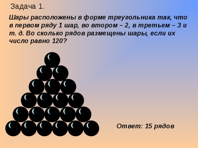 Задача 1. Шары расположены в форме треугольника так, что в первом ряду 1 шар, во втором – 2, в третьем – 3 и т. д. Во сколько рядов размещены шары, если их число равно 120? Ответ: 15 рядов 