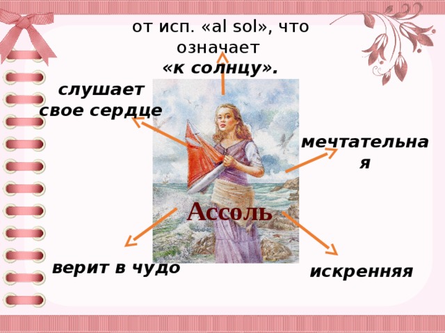 от исп. «al sol», что означает «к солнцу». слушает свое сердце мечтательная Ассоль верит в чудо искренняя 