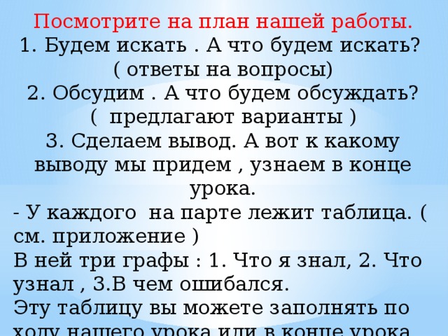Посмотрите на план нашей работы.  1. Будем искать . А что будем искать? ( ответы на вопросы)  2. Обсудим . А что будем обсуждать? ( предлагают варианты )  3. Сделаем вывод. А вот к какому выводу мы придем , узнаем в конце урока. - У каждого на парте лежит таблица. ( см. приложение ) В ней три графы : 1. Что я знал, 2. Что узнал , 3.В чем ошибался. Эту таблицу вы можете заполнять по ходу нашего урока или в конце урока. 