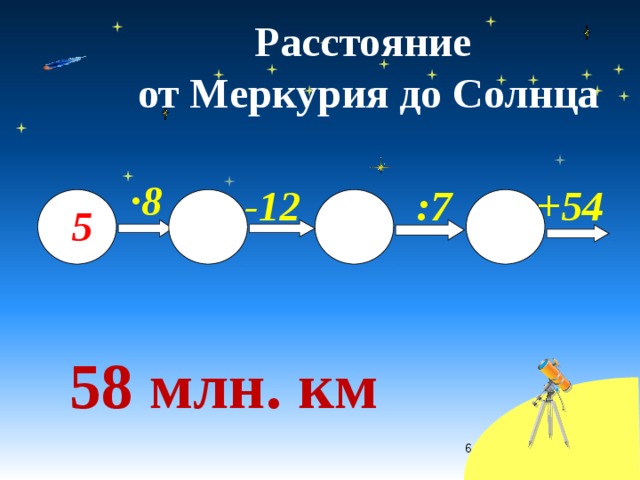 Расстояние  от Меркурия до Солнца ·8 :7 -12 +54 5 58 млн. км  