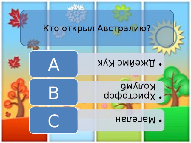 Джеймс Кук Джеймс Кук Христофор Колумб Христофор Колумб Магелан Магелан Кто открыл Австралию? A B C 