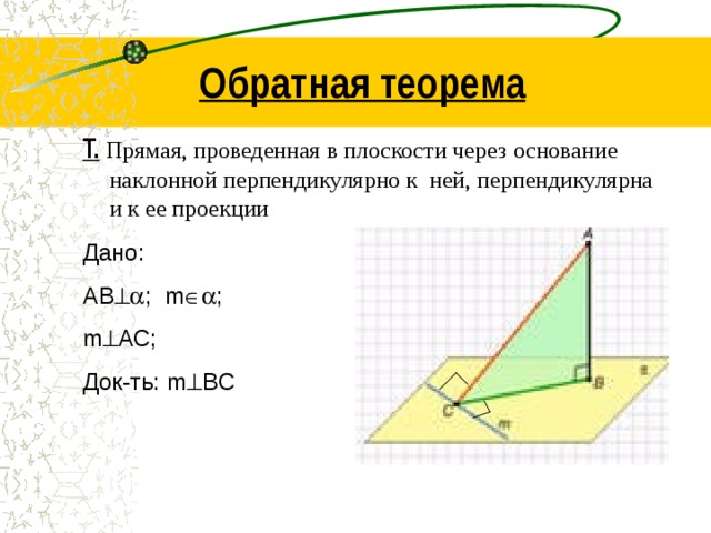 Прямая проведенная через основание наклонной. Перпендикуляр и Наклонная теорема. Теорема о перпендикуляре и наклонной. Перпендикуляр т Наклонная. Теорема Наклонная к плоскости.