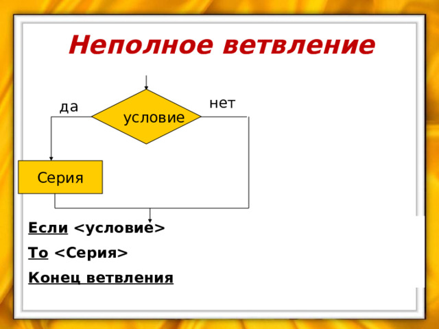 Неполное ветвление условие нет да Серия Если  То  Конец ветвления 