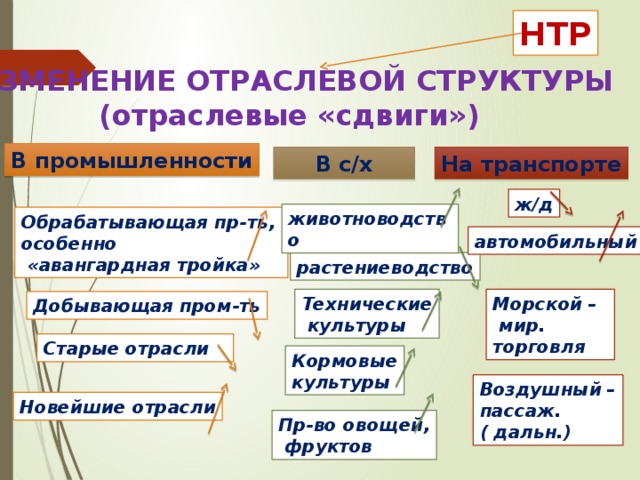 НТР ИЗМЕНЕНИЕ ОТРАСЛЕВОЙ СТРУКТУРЫ (отраслевые «сдвиги») В промышленности В с/х На транспорте ж/д животноводство Обрабатывающая пр-ть, особенно  «авангардная тройка» автомобильный растениеводство Технические Морской –  культуры  мир. торговля Добывающая пром-ть Старые отрасли Кормовые культуры Воздушный – пассаж. ( дальн.) Новейшие отрасли Пр-во овощей,  фруктов 